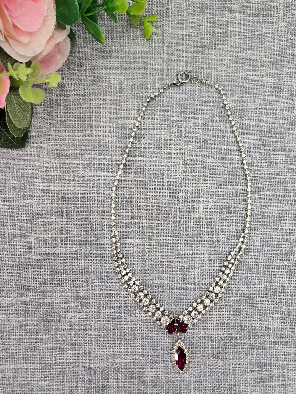 Vintage Ruby Red Rhinestone Marquise Pendant Choker Necklace MCM Costume Jewelry